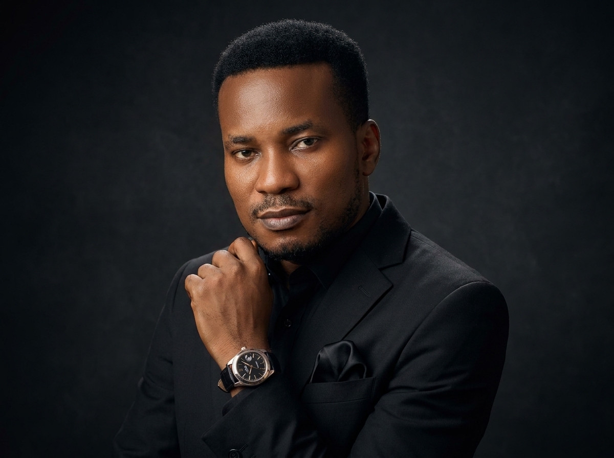 Amb. John Ifeanyi Amos in classic black tailored suit in studio setting