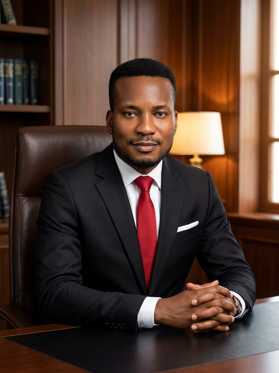 Amb. John Ifeanyi Amos seated at desk in vertical office composition