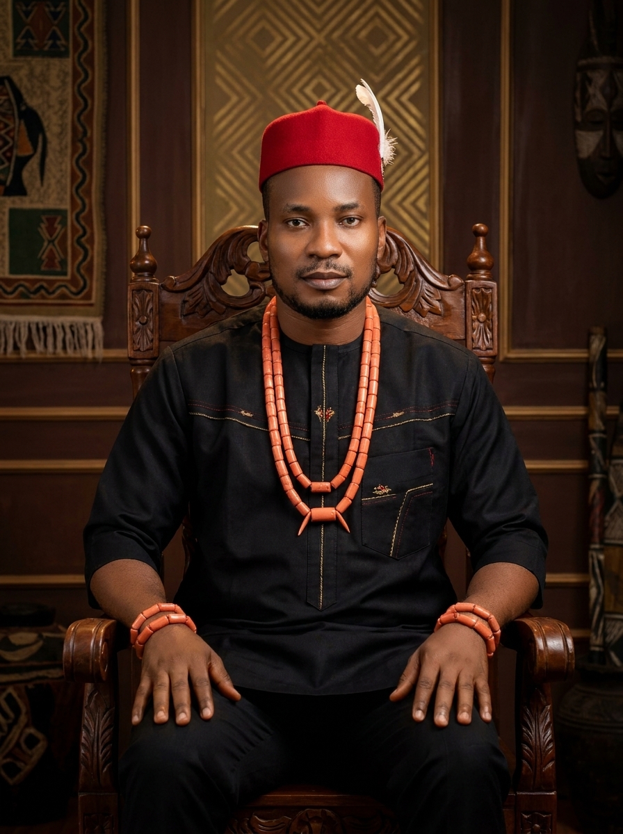 Amb. John Ifeanyi Amos in formal African attire vertical portrait
