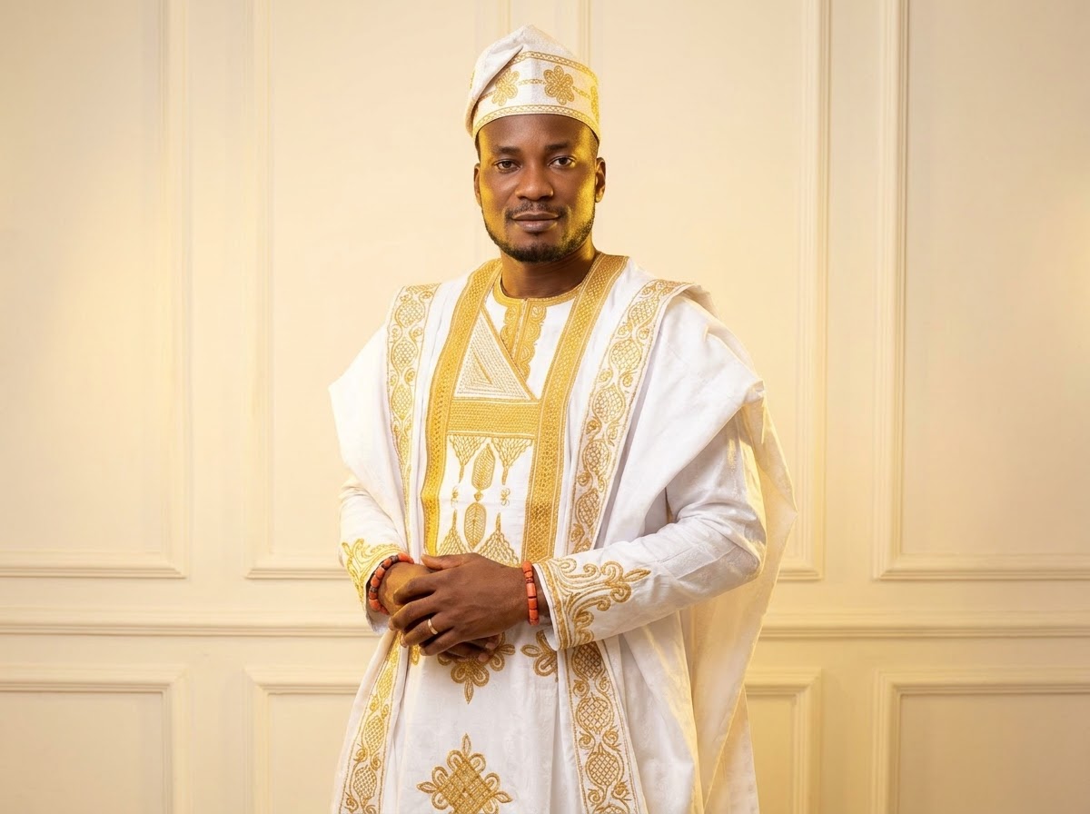 Amb. John Ifeanyi Amos in regal gold-embroidered traditional Nigerian agbada attire