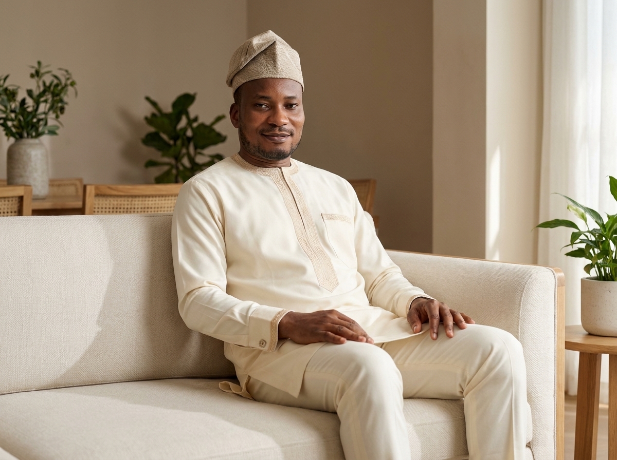 Amb. John Ifeanyi Amos seated comfortably on leather sofa in executive lounge during strategic conversation