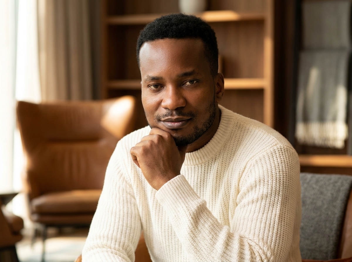 Amb. John Ifeanyi Amos in relaxed knitwear in thoughtful portrait