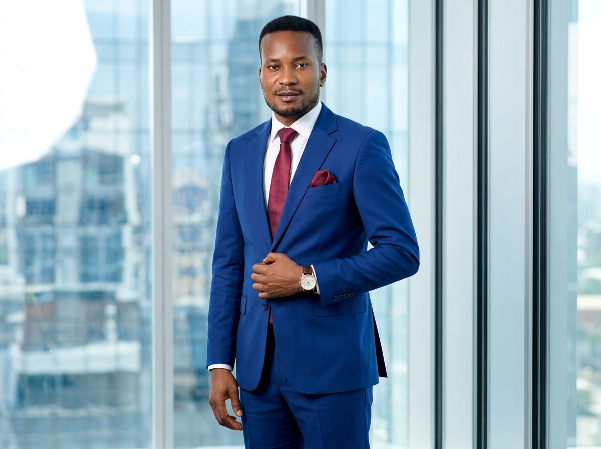 Amb. John Ifeanyi Amos in royal blue tailored suit against modern architectural background