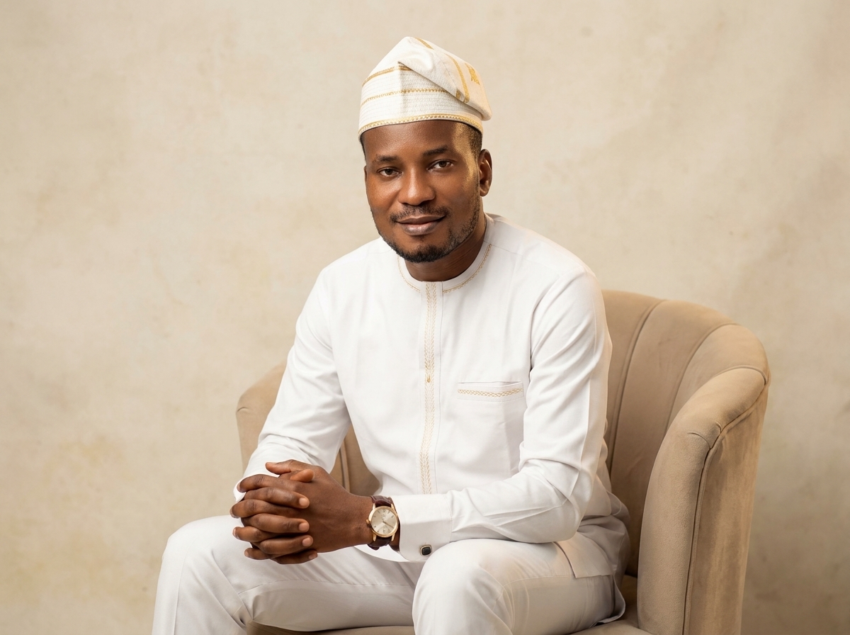 Amb. John Ifeanyi Amos standing in ceremonial white attire